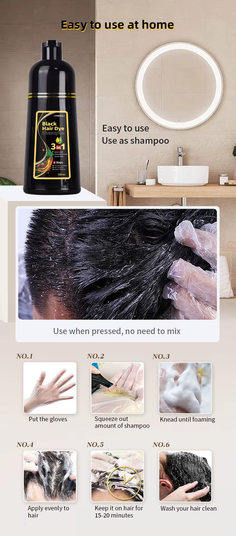 Original Meidu Shampoing 3-en-1 : Cheveux noirs en seulement 15 minutes